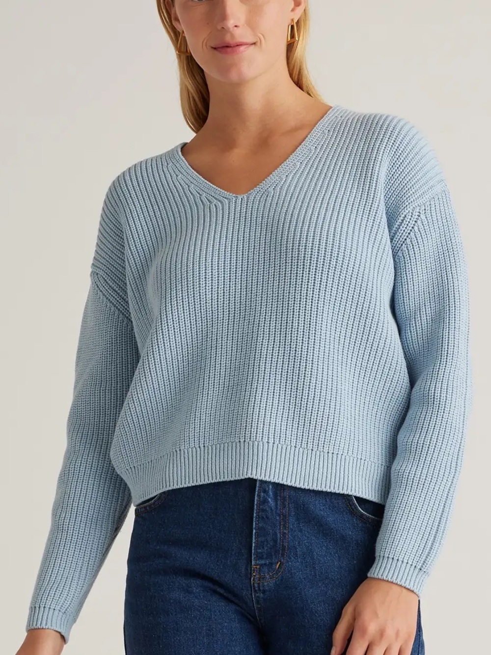 Sky Blue 100% Organic Cotton Fisherman V-Neck Sweater